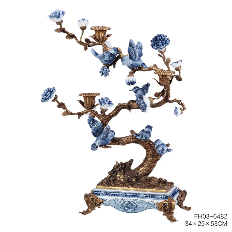 European and American retro white porcelain bird candle holder home restaurant decoration brass cage