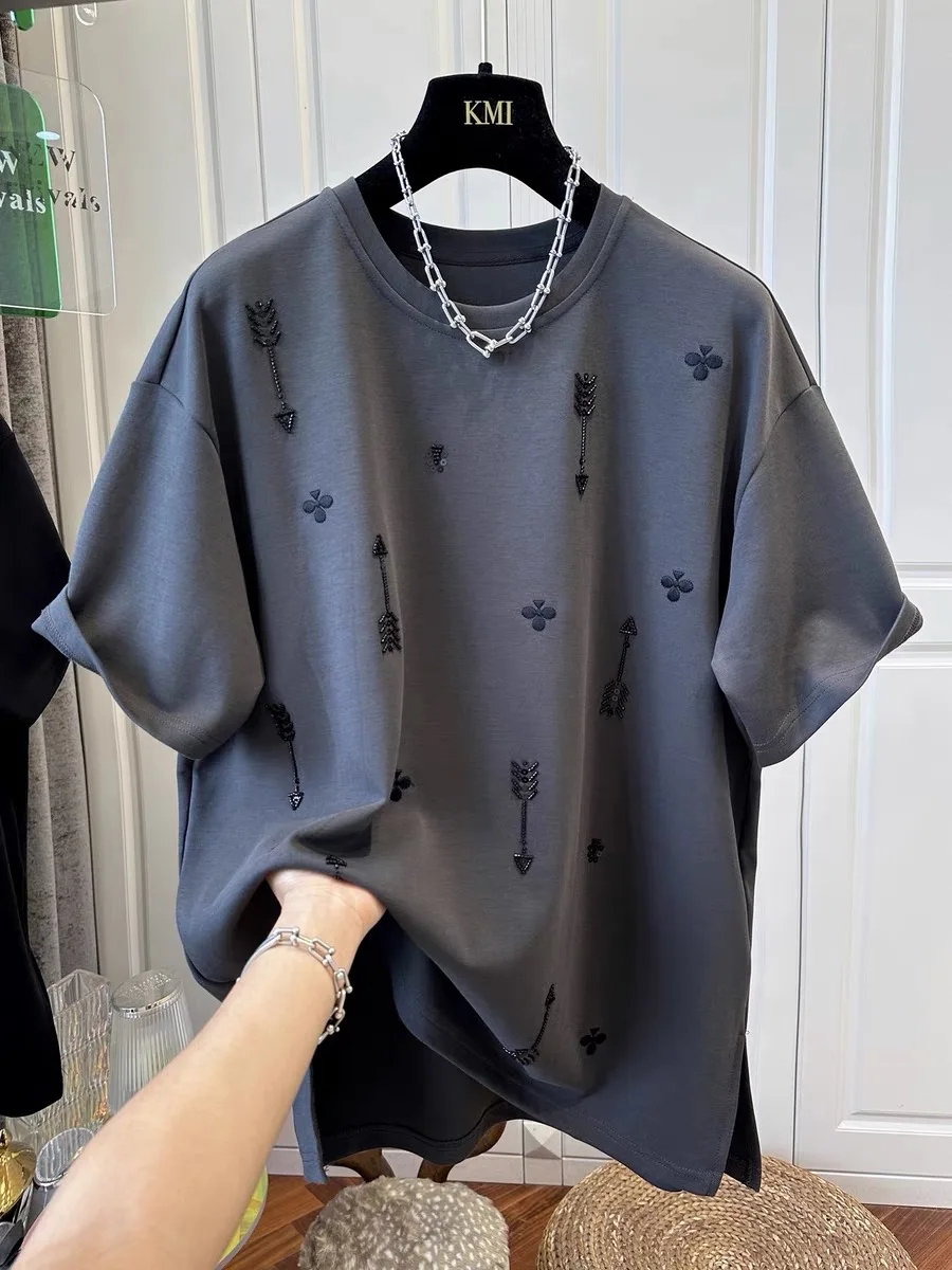 2026 Spring and Summer New Style Pure Cotton Loose Beaded Short-sleeved Fashionable T-shirt Female Top