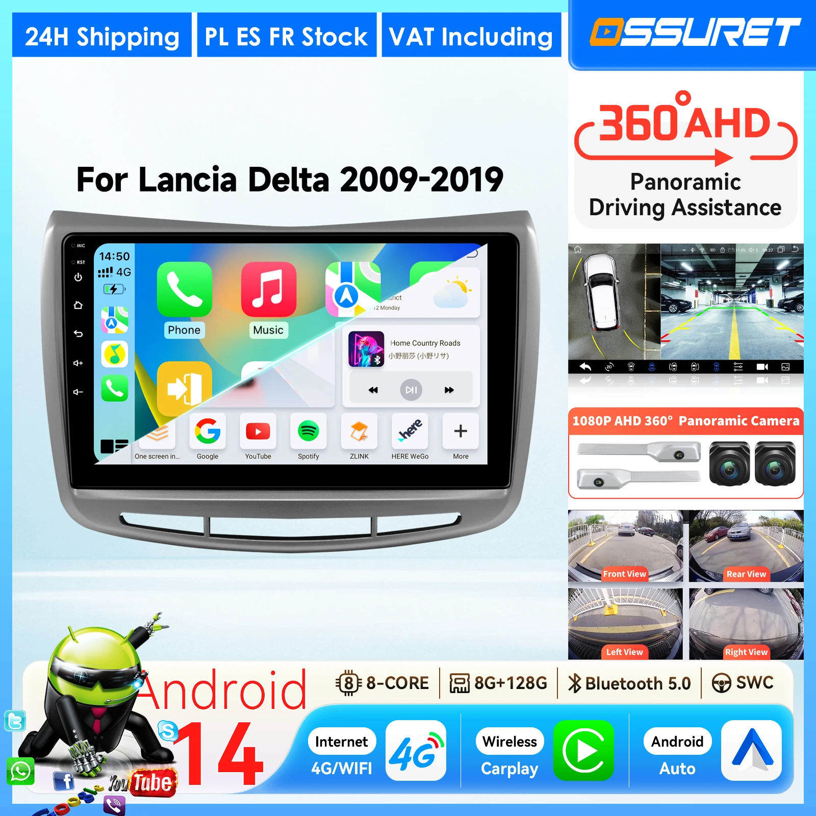 Autoradio Android 14 da 9,7862 Pollici per Lancia Delta 2009-2019, Lettore Multimediale con Carplay Wireless, Telecamera 360, GPS, Schermo Intelligente