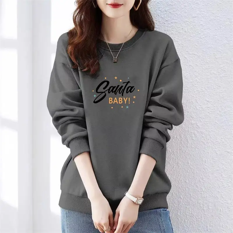 

Women Autumn and Winter New Korean Style Simple Crew Neck Pullovers Letter Printing Loose Appears Thin Long-sleeved Top