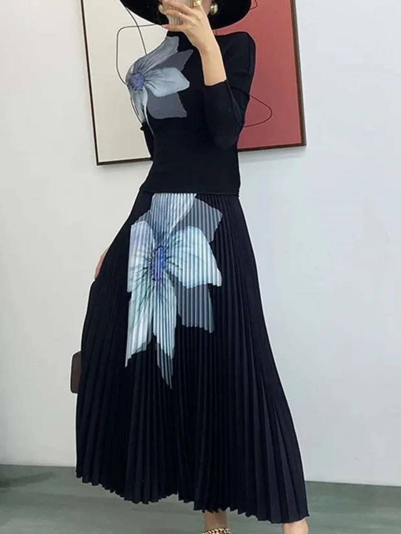Fashion Printed Elegant Pleated 2 Pieces Set For Women Turtleneck Slim Tops With High Waist Mid Length Skirts P14D