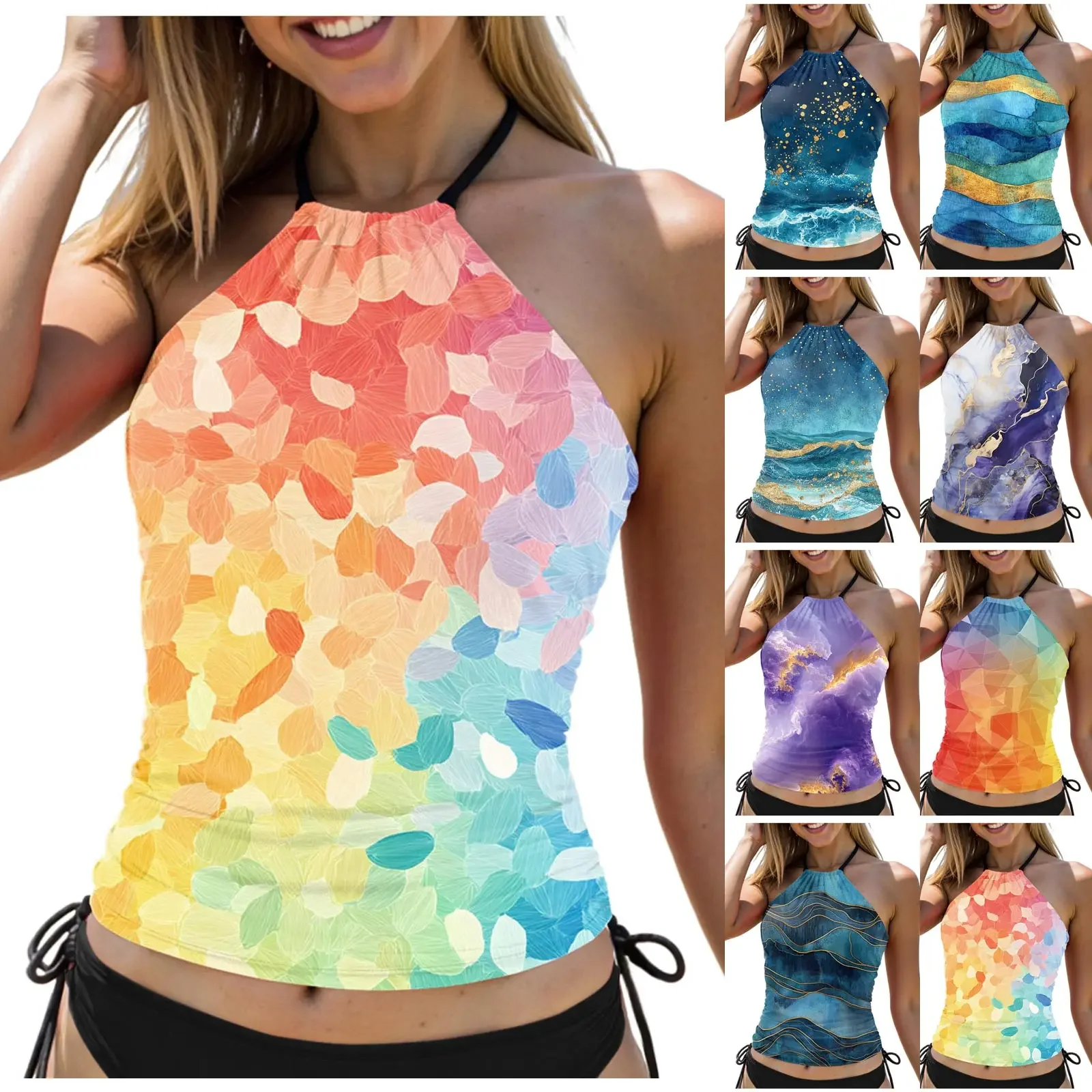 Damski strój kąpielowy tankini w blokach kolorów, wiązany na szyi, wyszczuplający, top na ramiączkach, szorty z średnim stanem i wiązaniem z boku, jednolity kolor.