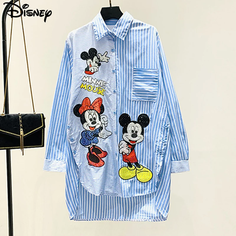 Disney 2022 New Arrival Top Fashion Cotton Embroidery Drill Mickey Mouse Loose Ins Cartoon Large Size Long Sleeve Casual Shirts