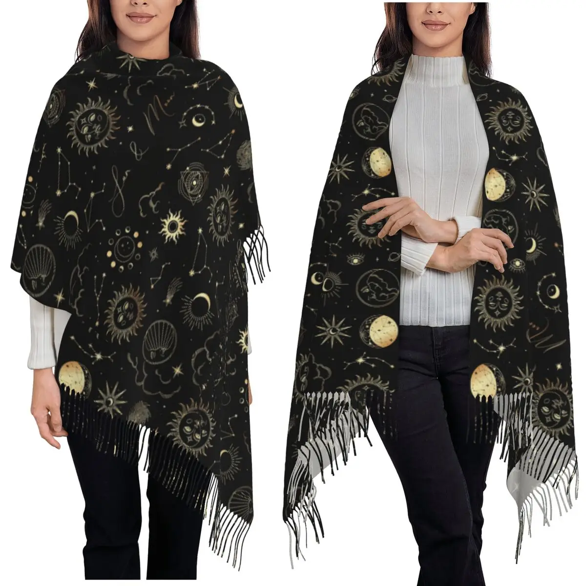 Celestial Mystic Esoteric Magic Sun Moon Scarf Tassel Scarves for Women Soft Warm Shawls and Wraps Long Fall Winter Shawl Wrap