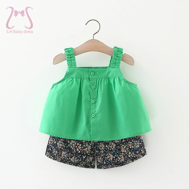 

2Pcs/Set Summer Baby Girl Children Clothes Suit Simple Solid Color Tank Top + Floral Shorts Casual Toddler Costume 0 To 3 Years