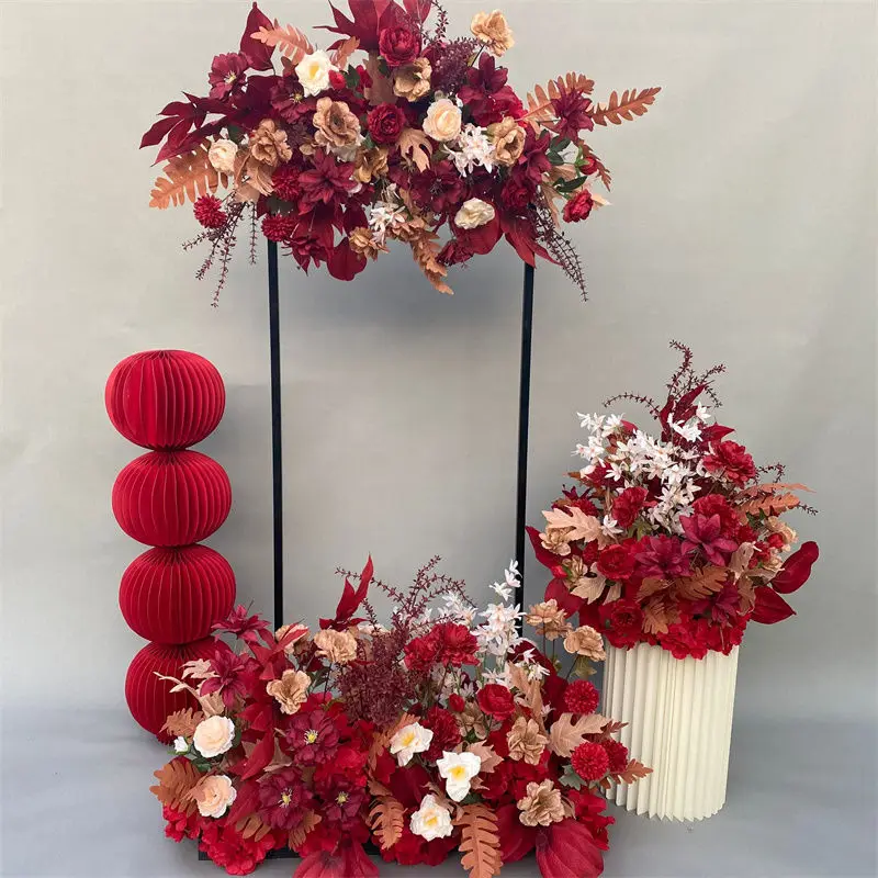 

Wedding arrangement with red Chinese style engagement banquet decoration, wedding hall stage, guiding flowers, wedding silk flow