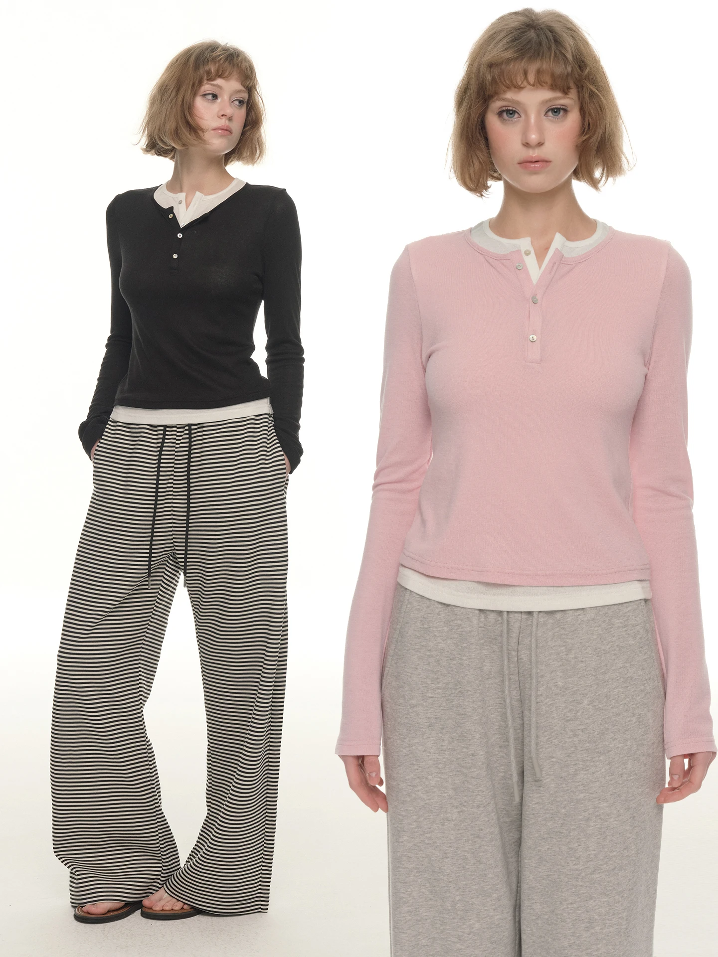 

UNRETRO Women's Slim Fit Long Sve Knitted Base irt Henry Collar Pink Layered T-irt Spring Autumn Comfortable Breathable