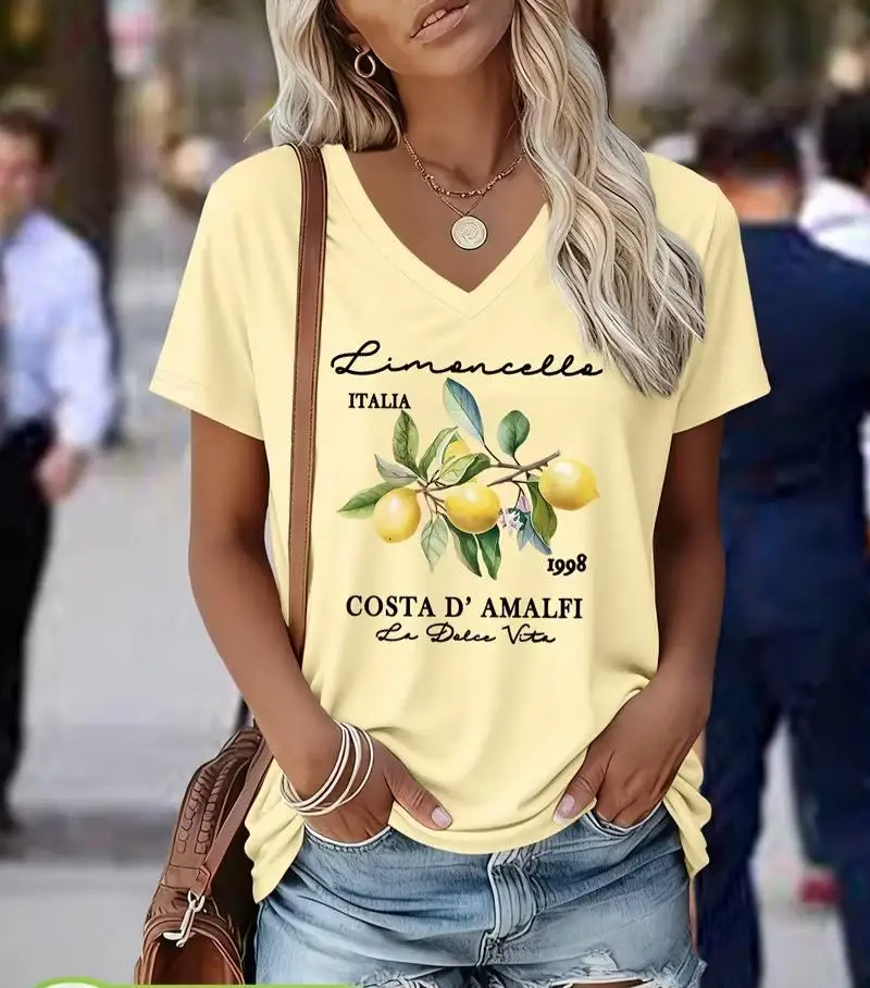 Hot selling V-neck three lemon printed women's T-shirt top for spring and summer street Y2K short sleeved casual women clothing