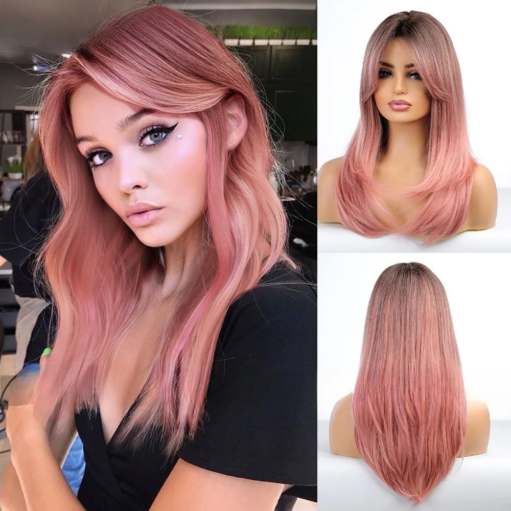 

Hot-selling models, eight-character bangs gradually change pink medium and long hair, European and American wigs and headgear