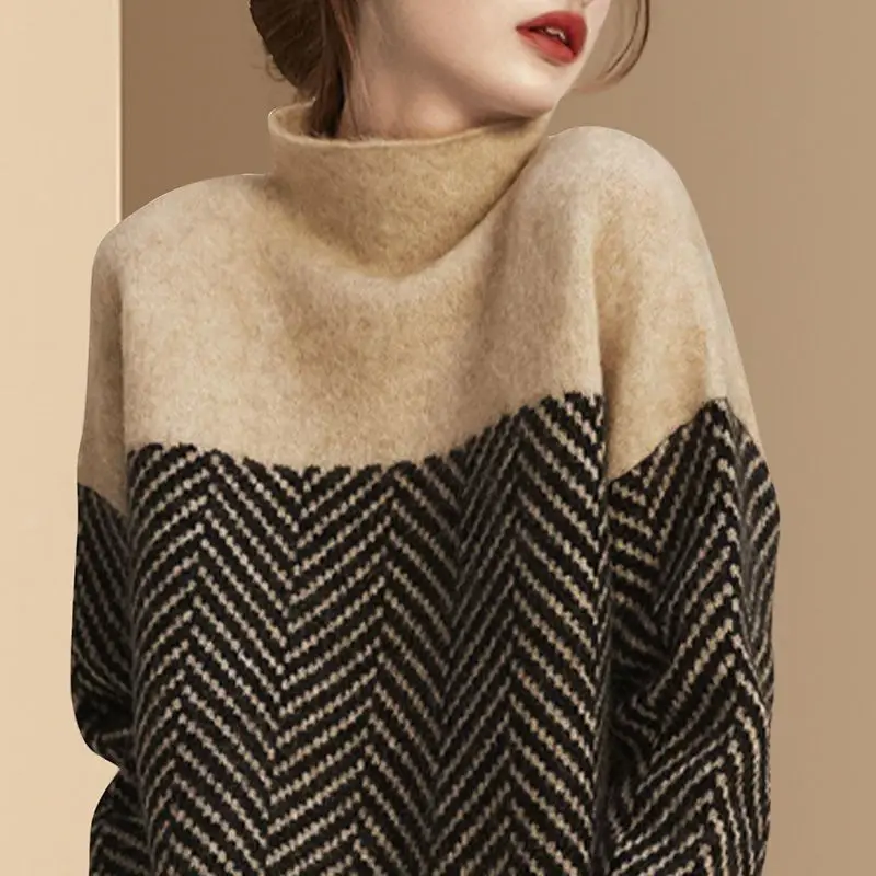 Vintage Striped Patchwork Turtleneck Thicken Warm Soft Knitted Sweater Women Autumn Winter Casual Loose Long Sleeve Pullover Top