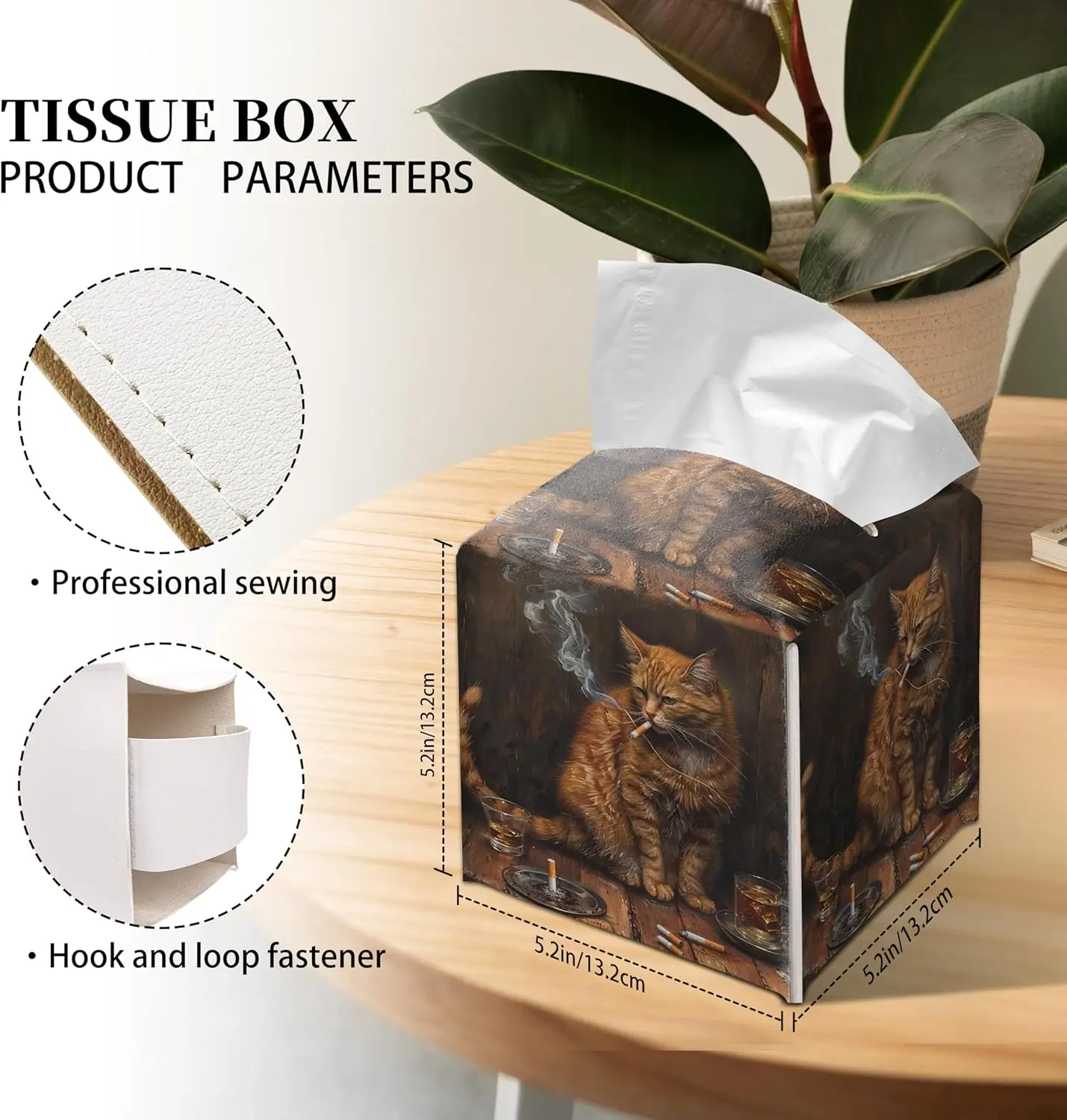 Vintage Smoking Ginger Cat Tissue Box Cover Retro Whiskey Animal Print Square Tissue Holder Funny Decorative Tissue Box