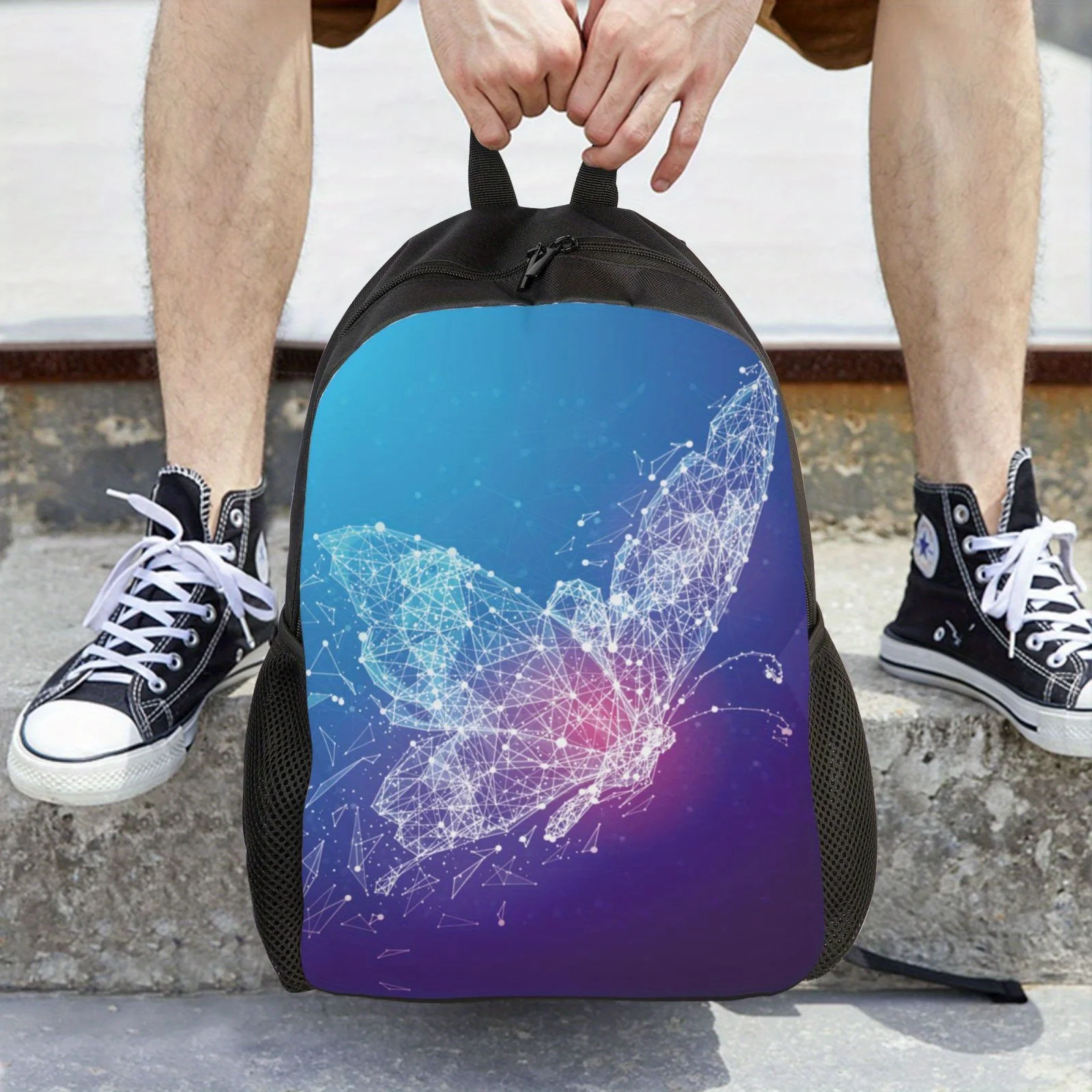 Mochilas negras ajustables ligeras con estampado de mariposa para hombres y mujeres, bolsos de hombro casuales para viajes de negocios, estilo técnico