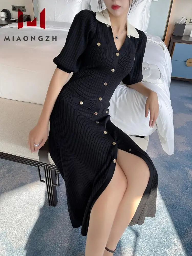 Black Knitted Luxury Clothes For Women V Neck Short Sleeve Single Breasted Metal Buttons Slim Elegant Female Fashion Party Dress