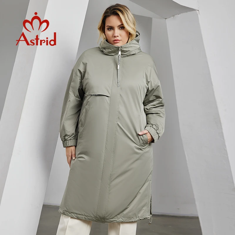 Astrid Autunno Inverno Giacca da donna Lungo e sottile Trench in cotone Cappuccio Orlo diviso Caldo Parka imbottito allentato Taglie forti Abbigliamento donna