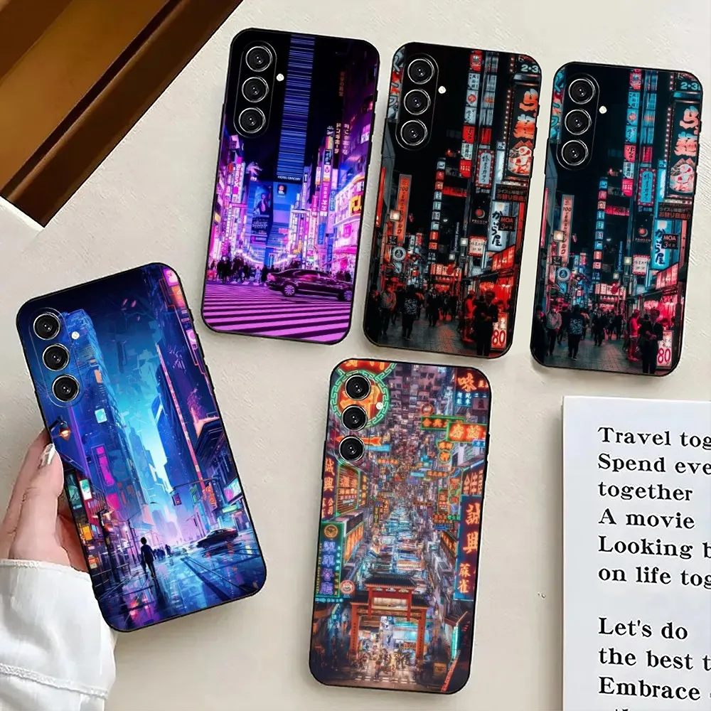 Neon Blue Cyberpunk Tokyo Street  Phone Case For Samsung S24,21,22,23,30,Ultra,S20,Plus,Fe,Lite,Note,10,9,5G Black Soft Cover