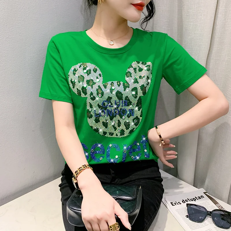 #5314 Streetwear Tshirt Diamonds Cotton Short Sleeve T Shirt Women O-neck Slim Korean Style T-shirt Femme Black White Red Green