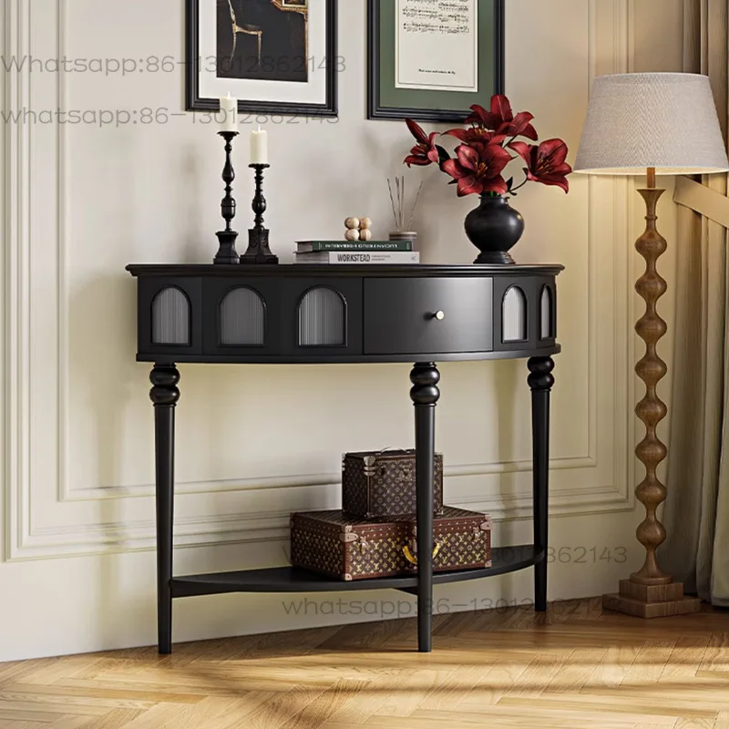 Semi-round entrance table entry black French entrance cabinet retro solid wood American light luxury