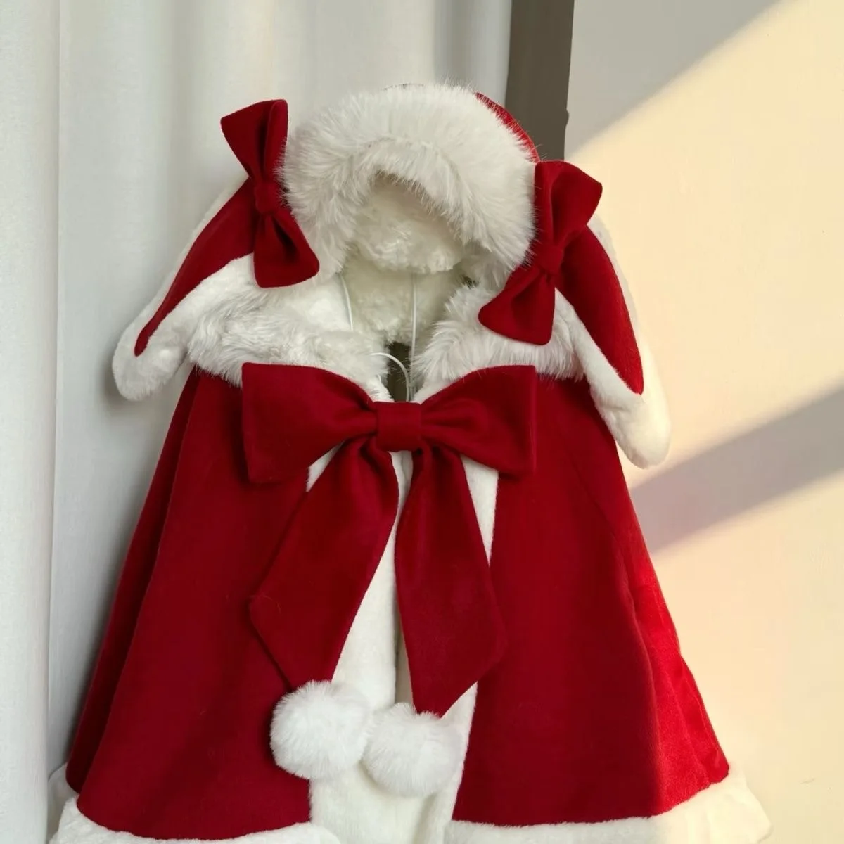 Original Y2k Cloak Hooded Women Japanese Lolita Fur Patchwork Rabbir Ear Hooed Coat Kawaii Sweet Bow Jackets Oversized JK Capes