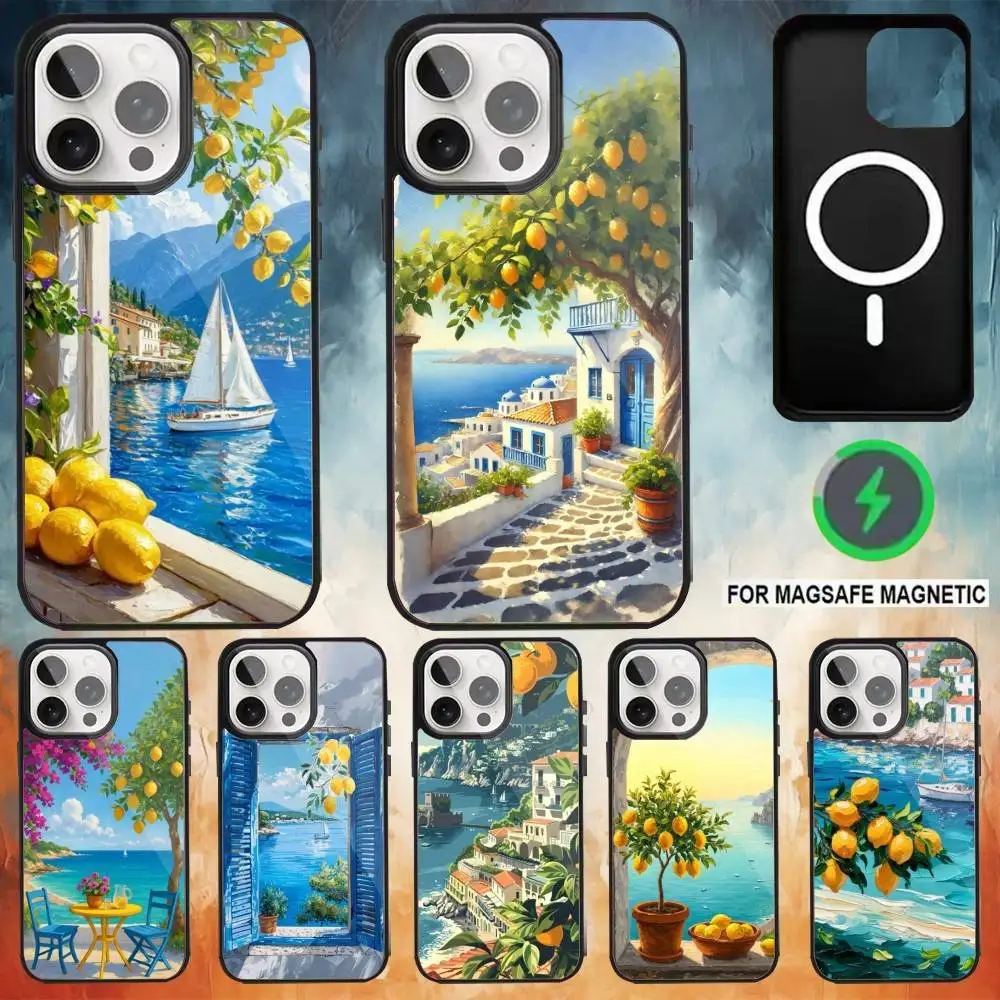 

Seaside Scenery Wine Lemon Phone Case For iPhone17,16,15,14,13,12,11 Plus,Pro Max Magnetic Magsafe Wireless Charging