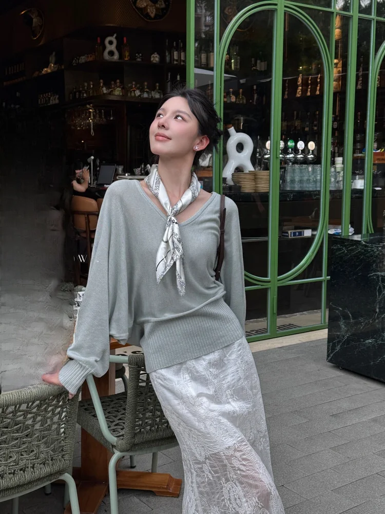 

Loose Fit Slimming Knitted Top Batwing Sve V-Ne Inner Wear Long Sve Slim Waist Thin Sle Women's Faion irt