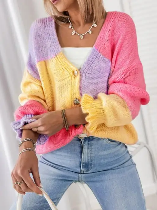 

2025 Autumn/winter Women's Sweater Color Block Splicing Casual Loose Black Fungal Edge Long Sleeve Knitted Cardigan