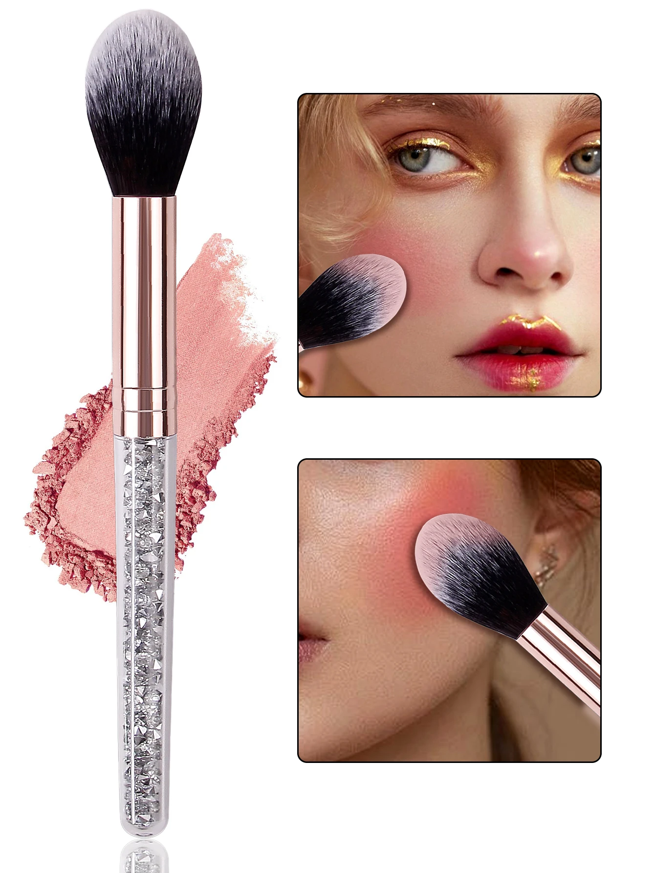 Alto nivel de apariencia, exquisito pincel de maquillaje con mango de diamante, cabezal de cepillo de cerdas suaves de llama, pincel para colorete, pincel de alto brillo