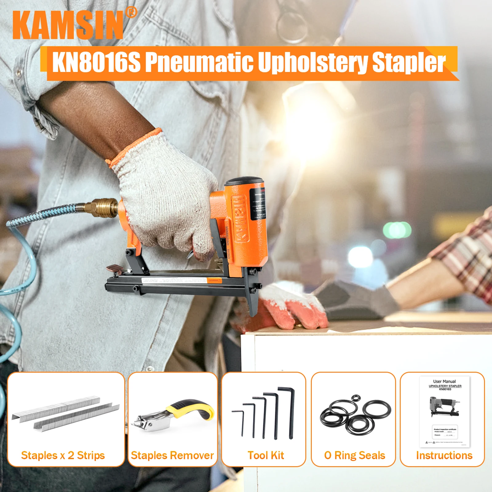 KAMSIN KN8016S 21Ga Pneumatic Stapler Single&Continuous Firing Gun For 80 Series 12.8mm Staples Furniture Upholstery Woodworking