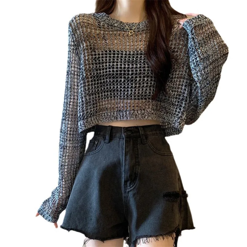 Women\'s Hollow White Black Grey Knit Sweater Short Korean fashion sexy Loose Long Sleeved Fishing Net Tops Women NS5903