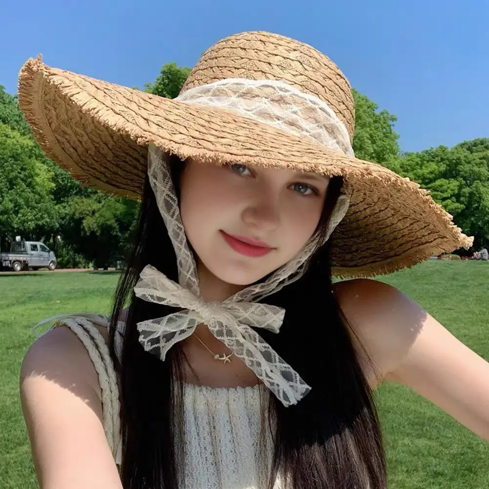 Straw Sun Hat Outdoor Sun Hat Women’s Summer Beach Hat Breathable Wide Brim Sun Protection Lace Braided Strap for Outdoor