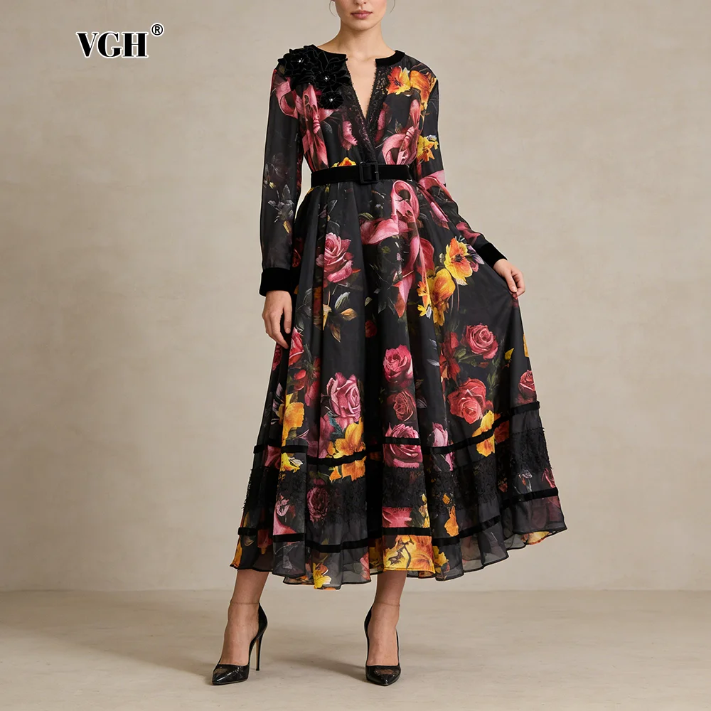 

VGH Colorblock Printing Puff Mesh Dress for Women Stand Collar Lantern Sleeves High Waist Dinner Midi Dresses Female Spring New
