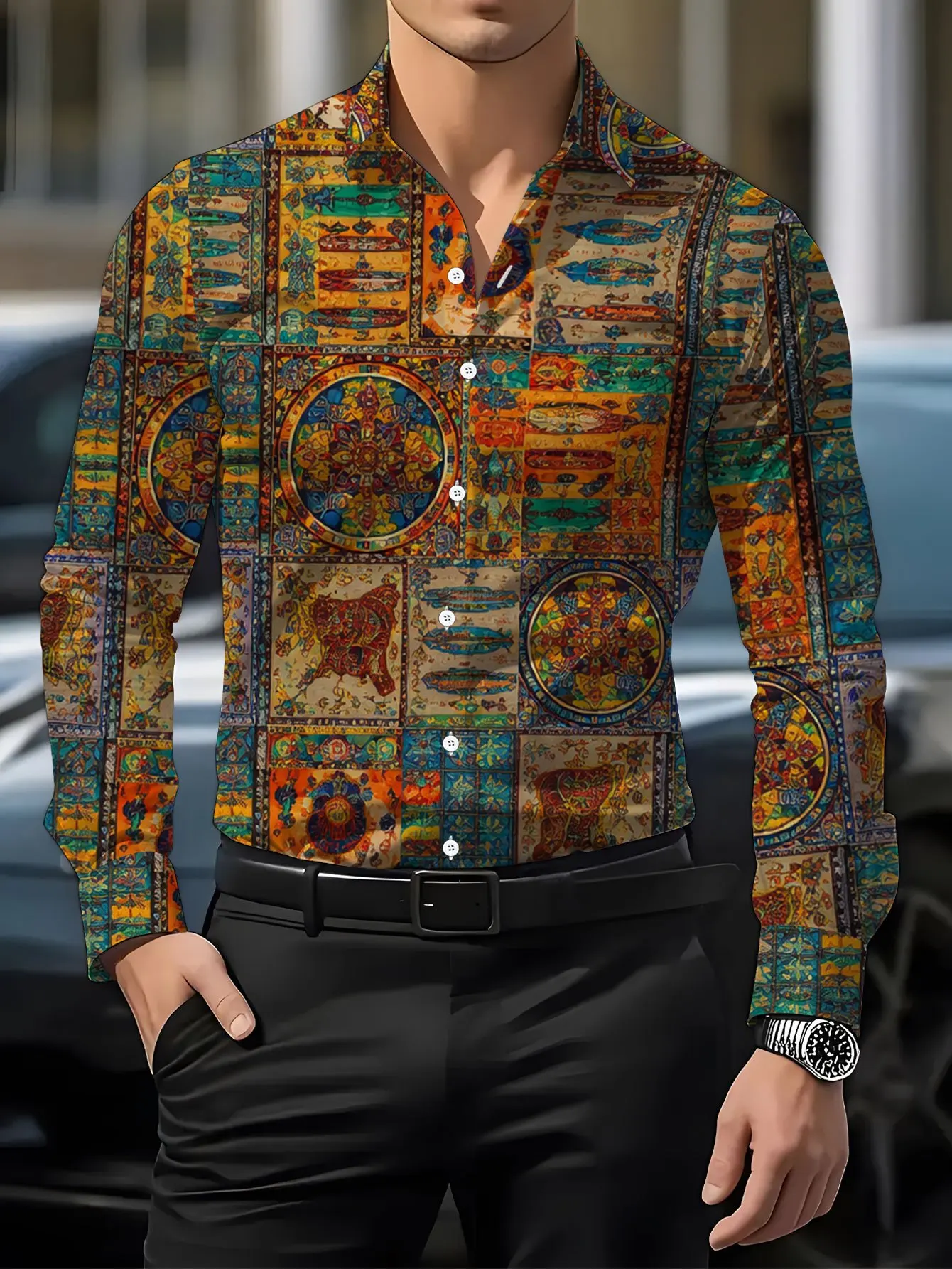 Men Long Sleeve Shirt Bohemian Mandala Patchwork Print Button Down Casual Daily Holiday Party Slim Fit Tops Men's Clothing