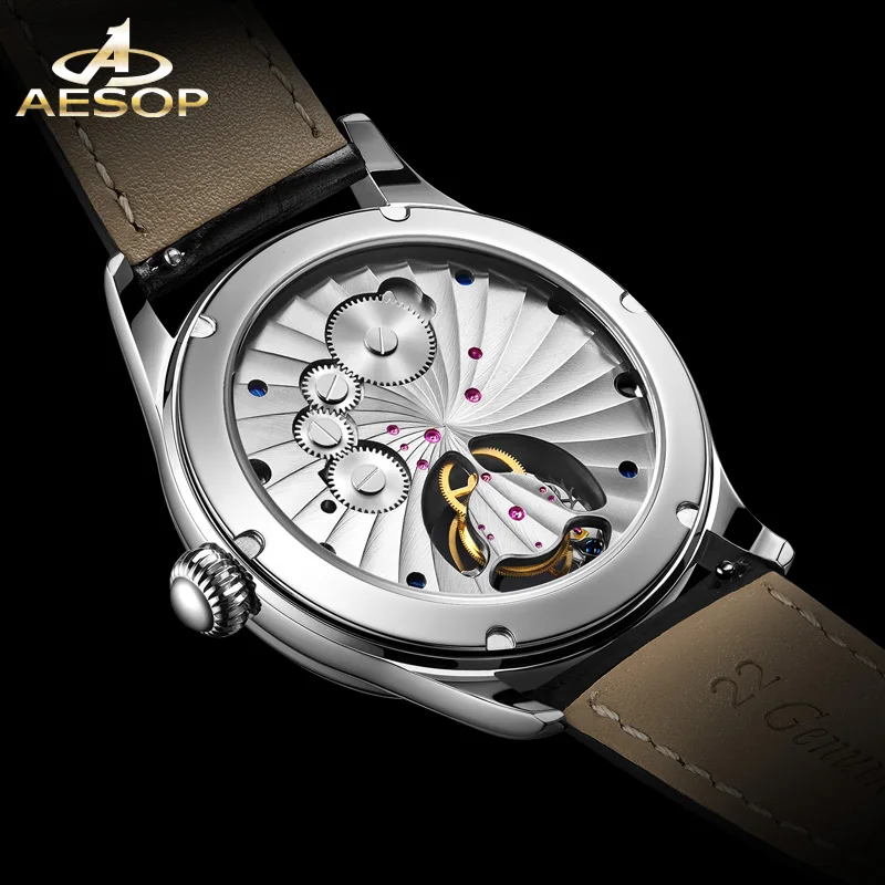 Aesop 7025 jam tangan mekanis Pria Dial batu pasir biru modis safir kulit baja tahan karat gerakan Tourbillon terbang Manual
