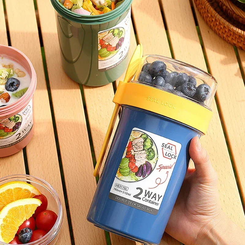 Bento Lunch Box Salad Oatmeal Breakfast Double Cup Cereal Nut Yogurt Container Set with Dressing Holder Fork Meal Preparation view 2