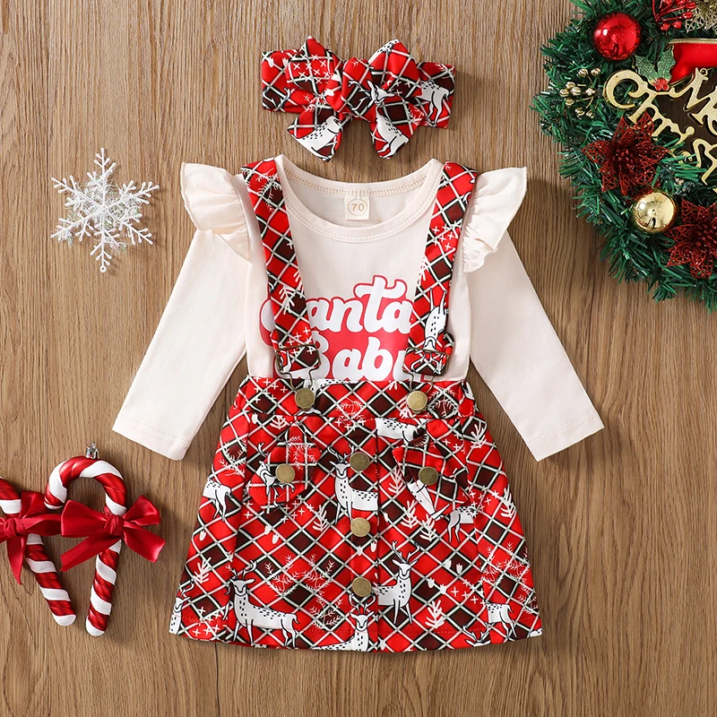 Children s Christmas Outfit Toddler Girls Long Sleeve Ruffle Romper Top with Suspender Skirt and Matching Headband