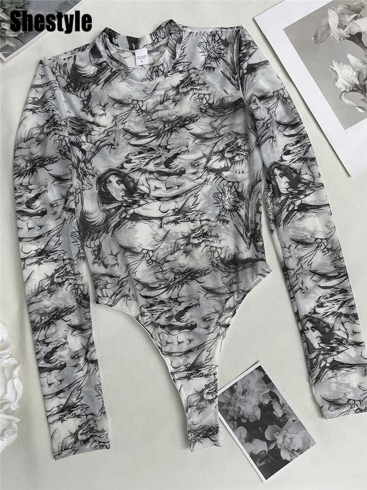 Shestyle Dragon Tie Dye Print Bodysuit Women Black and WHite Inkwash Paiting Mock Neck Body T-Shirt 2023 Autumn Mesh Transparent