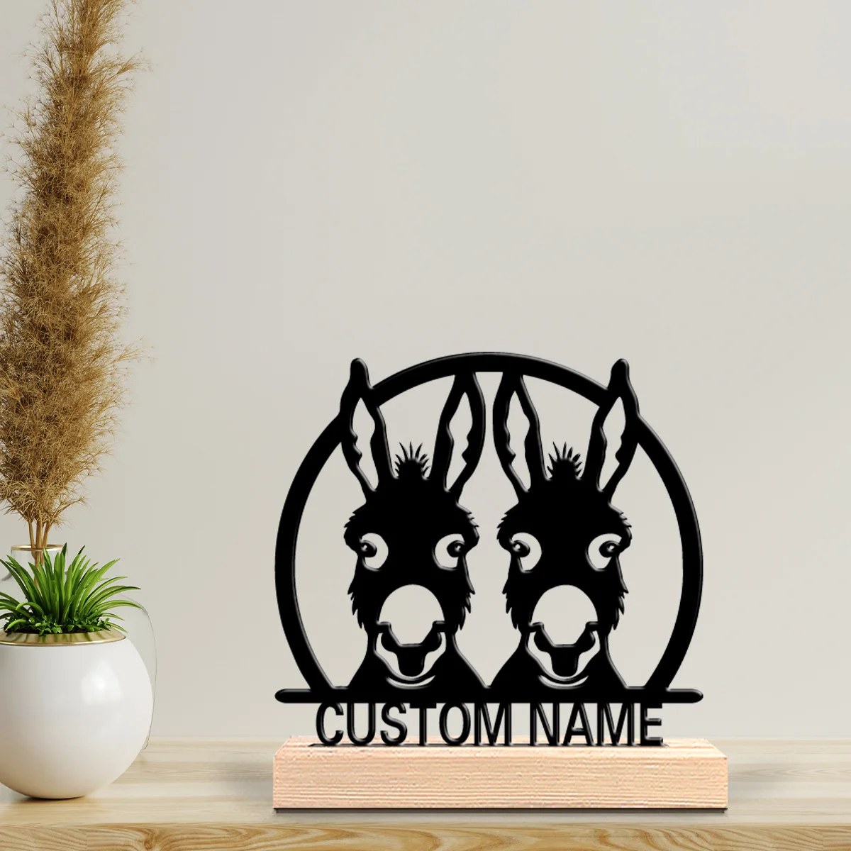 1pc New Design Personalized Custom Two donkeys Metal Statues With Wooden Base Tabletop Decoration Farm theme desktop decoration