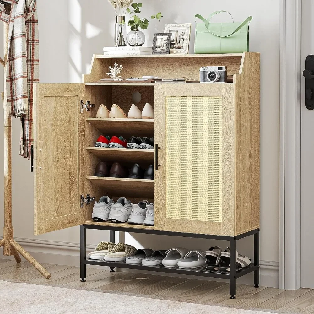 7-Tier Shoe Storage Cabinet with Rattan Doors, Shoe Organizer Cabinet with Adjustable Boards & Damper Hinge, Narrow Shoe Cabinet