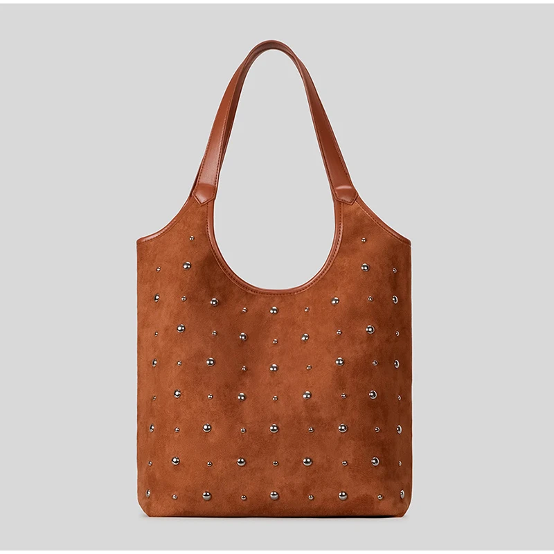 

Замшевая сумка с металлическими заклепками и магнитной пряжкой, дизайнерская сумка на плечо, большая вместительная женская сумка для подмышек, сумка для покупок