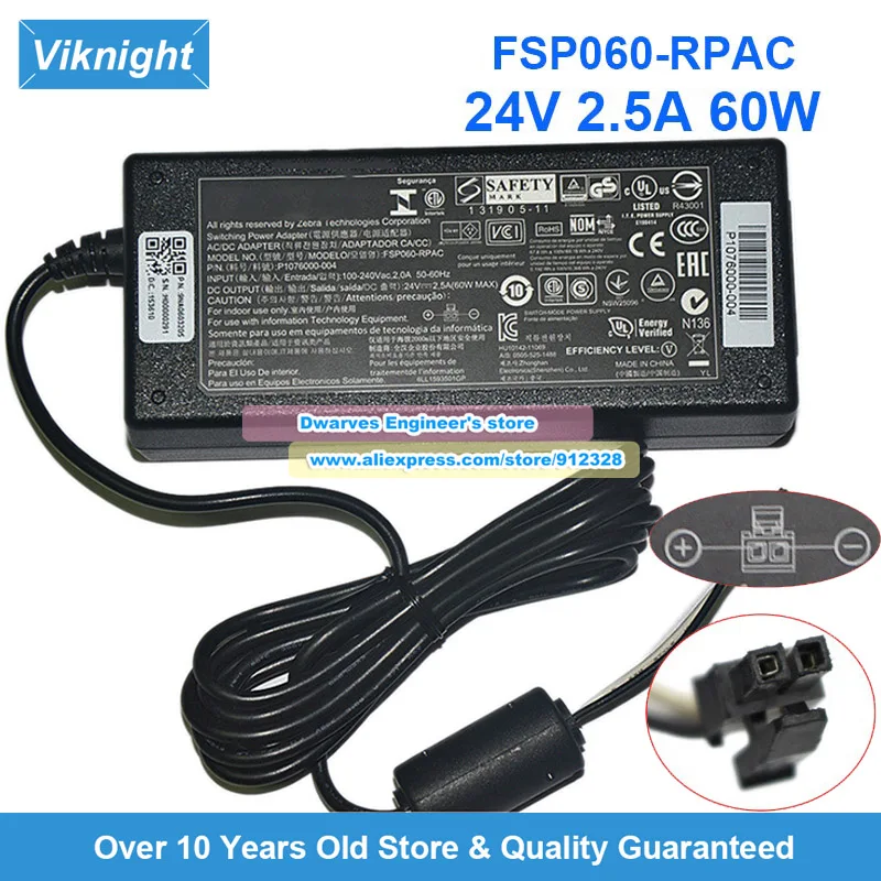 Genuine FSP060-RPAC AC Adapter 24V 2.5A Laptop Charger for Zebra P1076000-004 Power Supply Molex 2 Pins