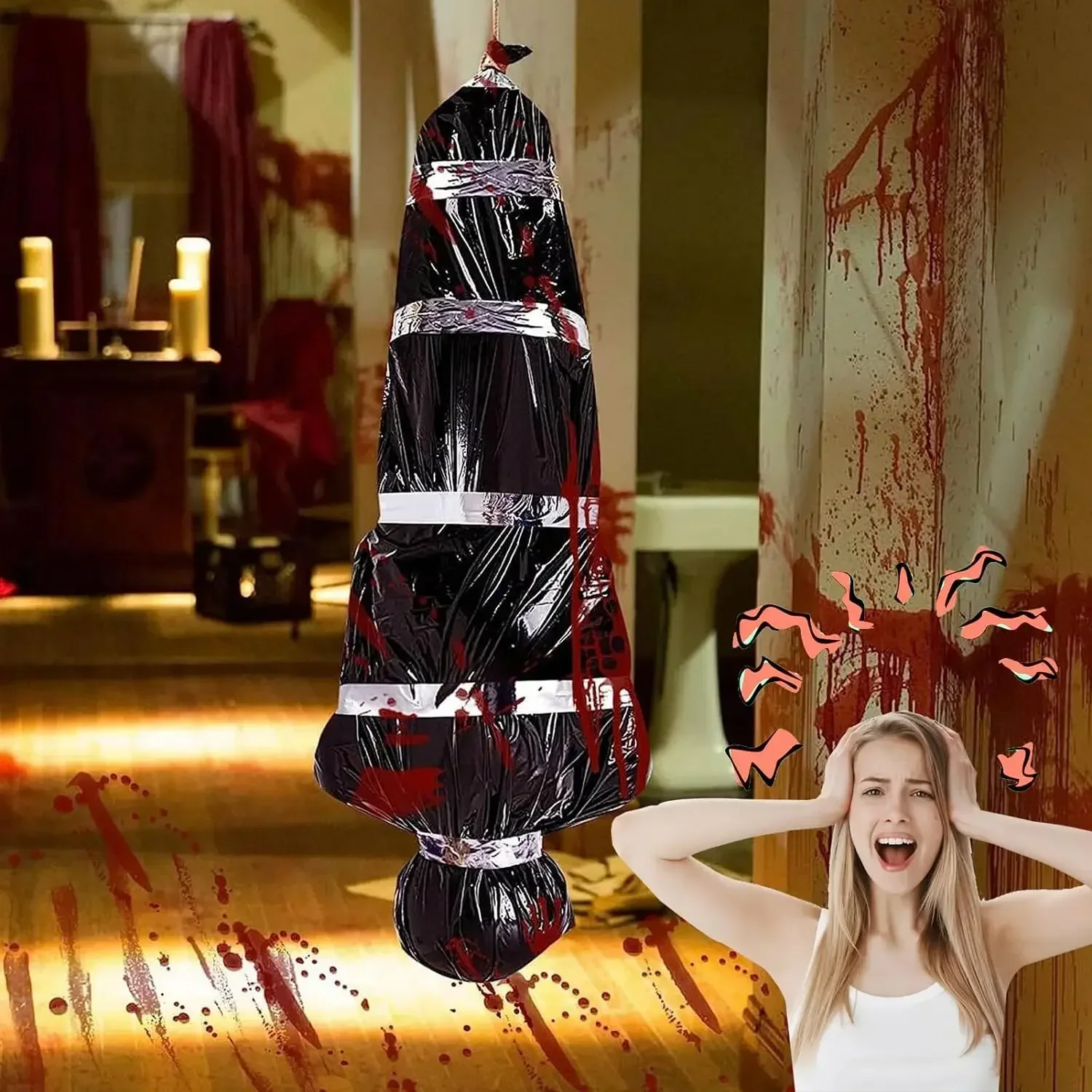 جسم ميت مزيف للهالوين في حقيبة دعامة جثة واقعية خارجية لتزيين المنزل المسكون المخيف