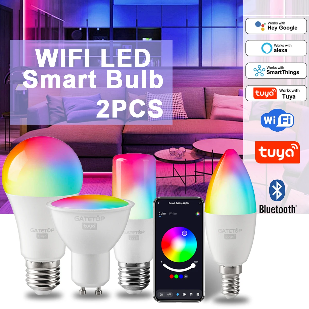 

2PCS Tuya Bulb Rgb Smart Gu10 C37 A60 T37 E14 E27 B22 Light Dimmable Wifi Led Magic Lamp AC 110V 220V Alexa Google Home