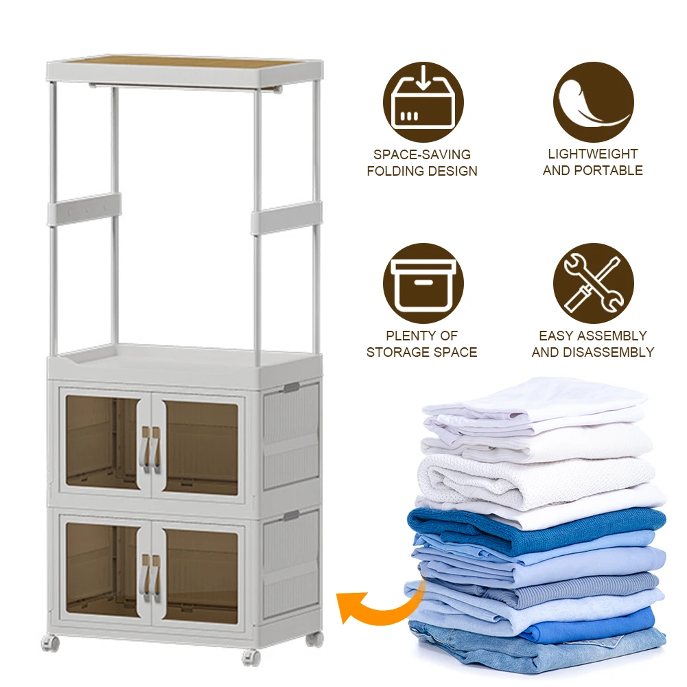 Portable Closet Mobile Wardrobe with Haging Rod & Cabinet Clothes Organizer with Wheels Wardrobe Closet Rack for Home Storage