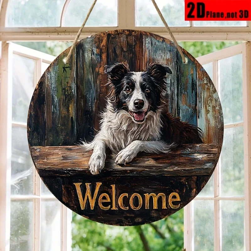 2D Flat, 2D Flat 1pc, round wood signs, Rustic Border Collie Welcome Creative Farmhouse, Seasonal Wall Decor Multipurpose for Ho