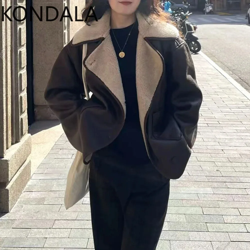 

KONDALA Vintage Woman Patchwork Jackets Single Breasted Pockets Streetwear Fashion 2025 Autumn Turn-down Collar Female Outwear