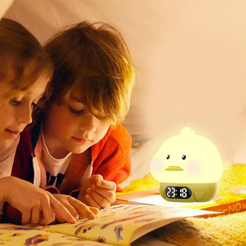 ساعة منبه بإضاءة ليلية تفاعلية على شكل بطة، مصباح من السيليكون الناعم لغرفة نوم الأطفال، مؤقت قيلولة مع شحن USB، فكرة هدية