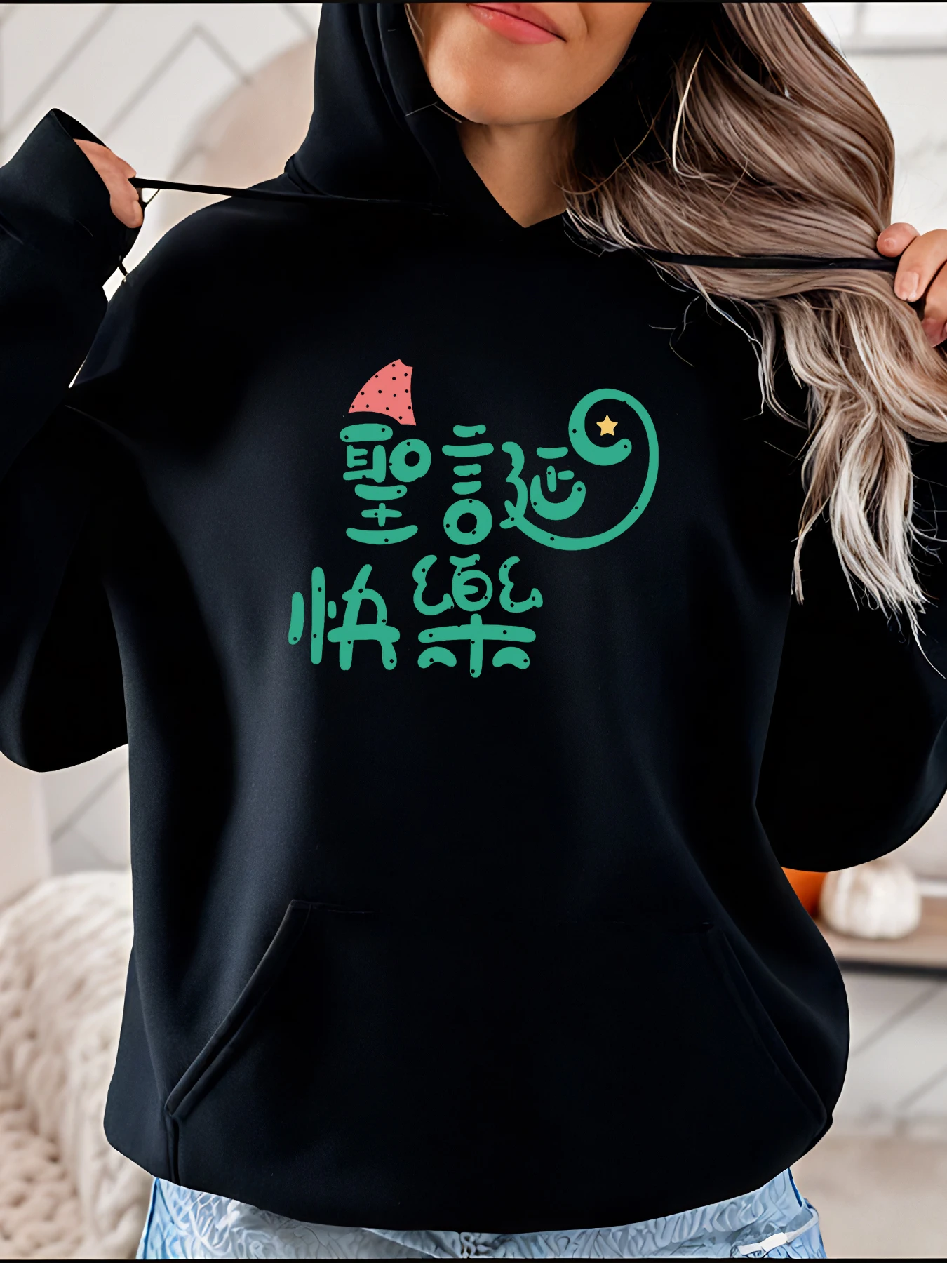Moletom com capuz de Natal com estampa de caracteres chineses feminino casual inverno moda roupa de férias para mulheres