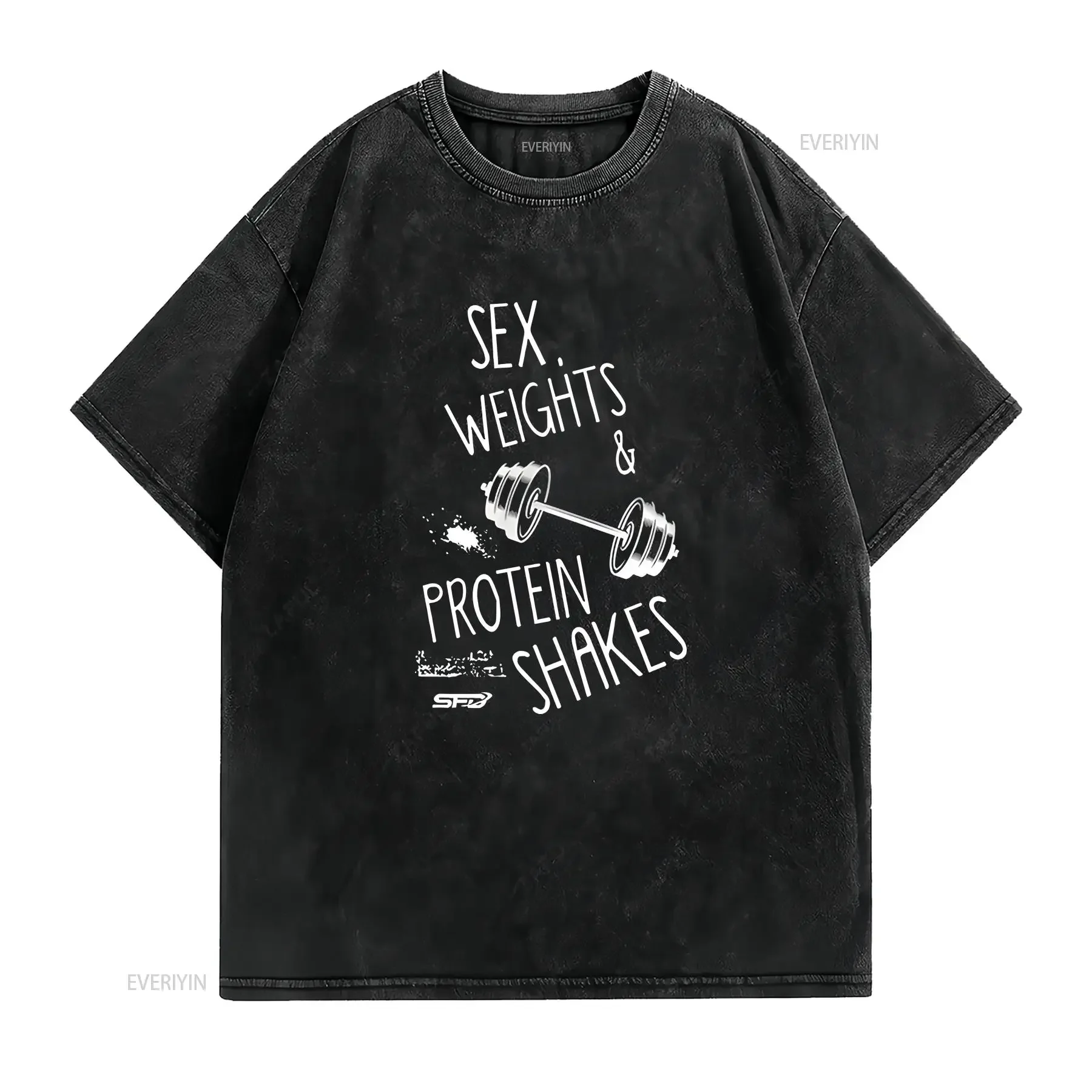 T Shirt Black SFD Weights Protein Shakes with White Logo Size M vintage Washed homme Soft Versatile fashion graphic