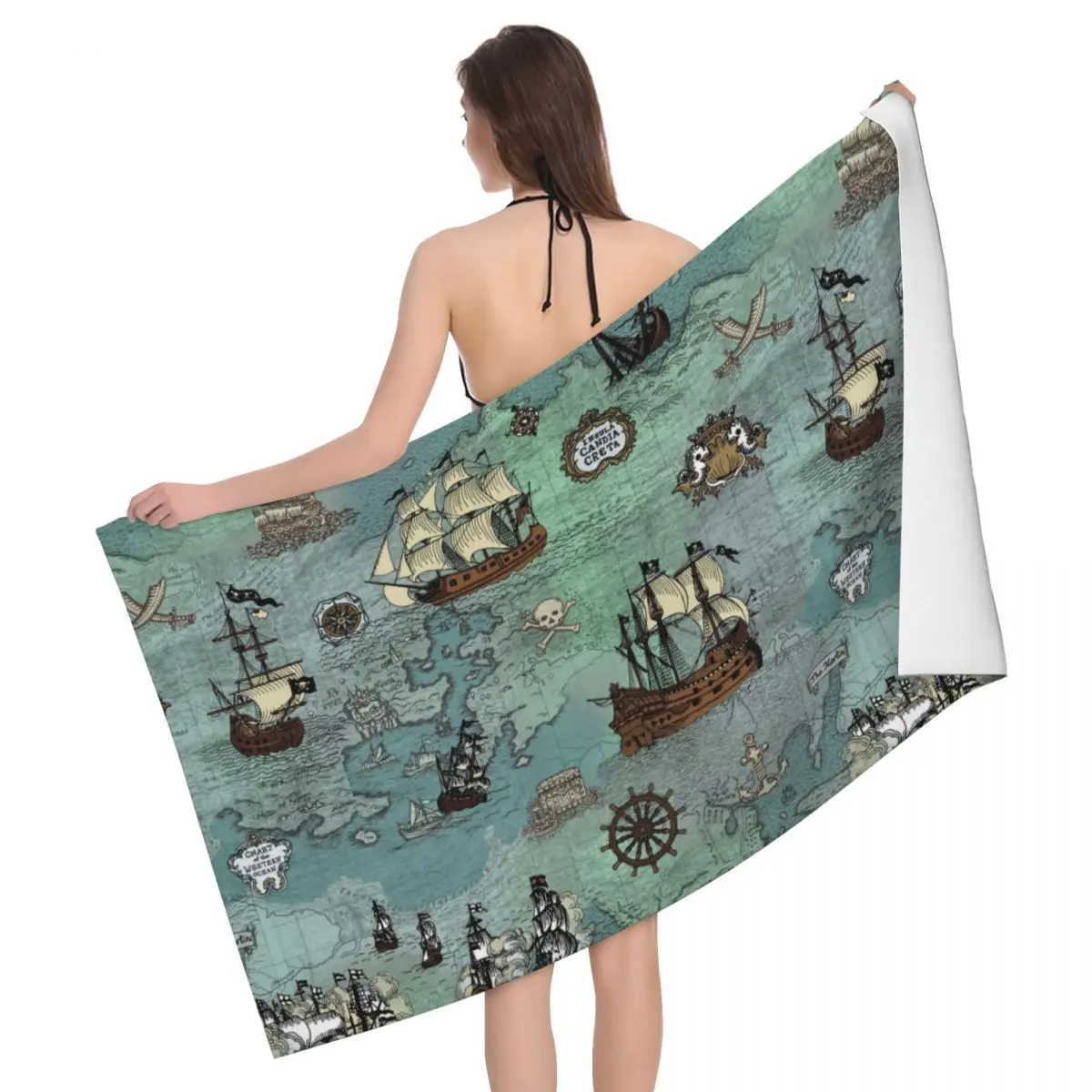 Pirate Map Nautical Sea Print Absorbent Microfiber Bath Beach Towel Quick Drying Skull Sailor Shower Sports Towels