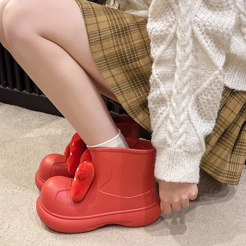 MINISO-Botas de lluvia altas para mujer, botines con lazo de corazón y cabeza grande, color rojo, para estudiantes, regalo exterior, 2024