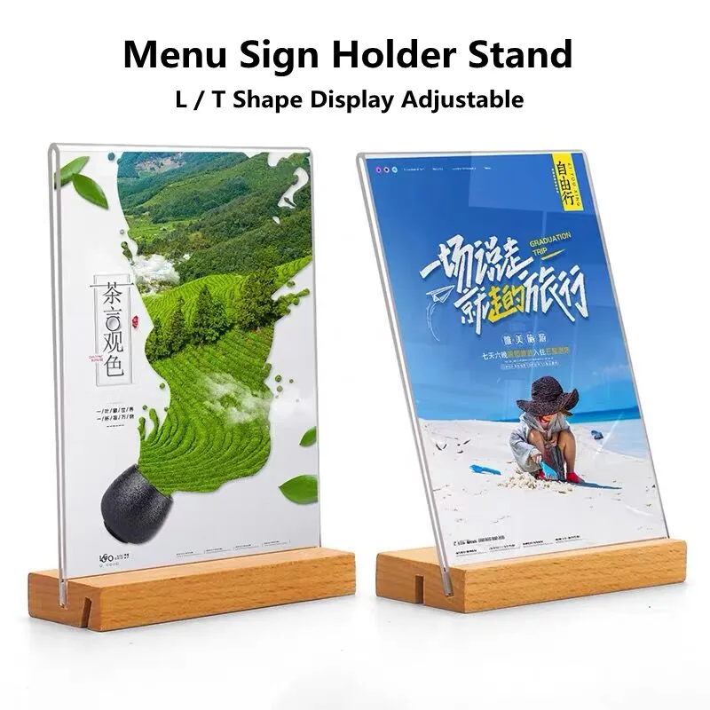 A5 148x210mm T / L Use Wood Product Name Place Card Holder Photo Picture Poster Frame Acrylic Price Sign Holder Display Stand